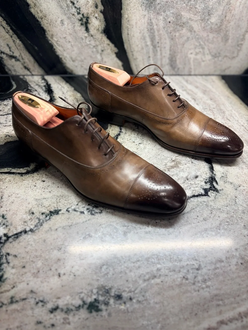 Santoni Fatte a Mano Cap Toe Oxford Shoes 10.5 D US Hand Burnished Made in Italy
